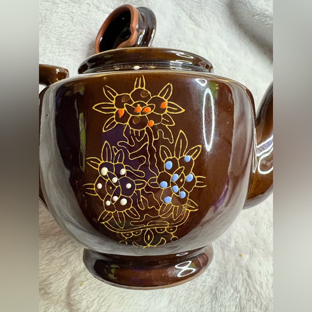 Brown Tea Pot Hand Painted Home Decor Floral Ceramic 6” Royalty 13.7oz Fancy Fun - Picture 9 of 14